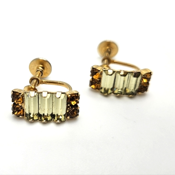 SHERMAN Vintage Cognac Canary Rhinestone Gold Earrings Screwback Non Pierced - Picture 1 of 5